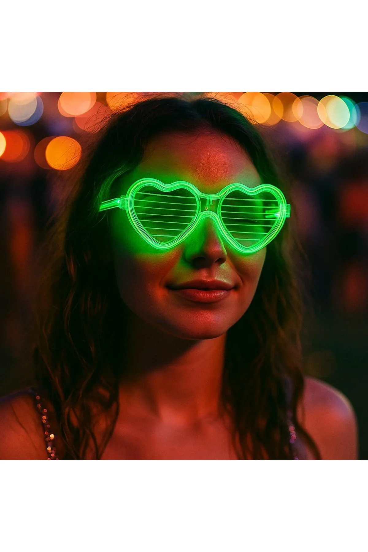 Yeşil LED Işıklı Kalp Gözlük – 3 Modlu Parti &amp; Glow Gözlüğü