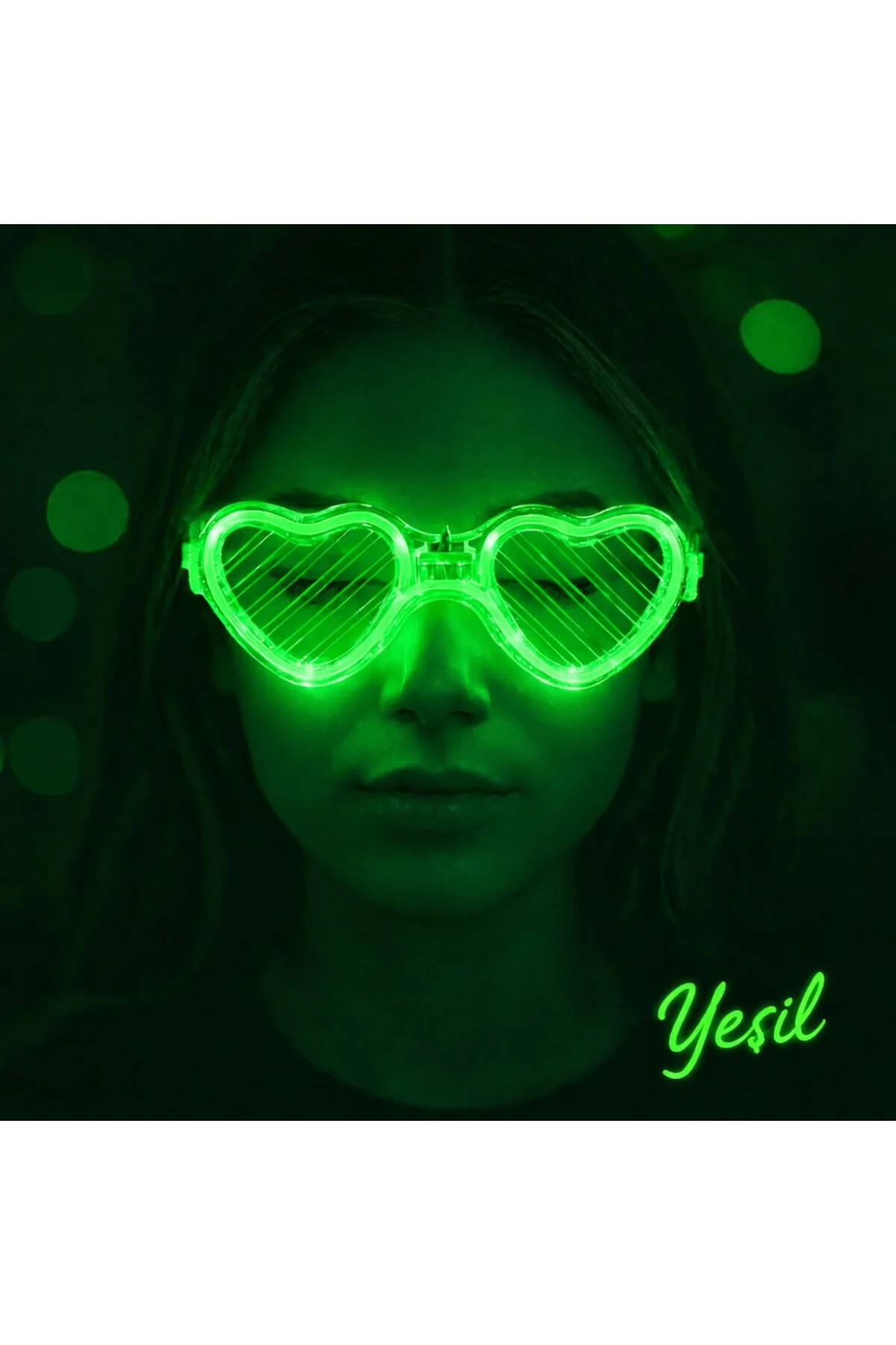 Yeşil LED Işıklı Kalp Gözlük – 3 Modlu Parti &amp; Glow Gözlüğü
