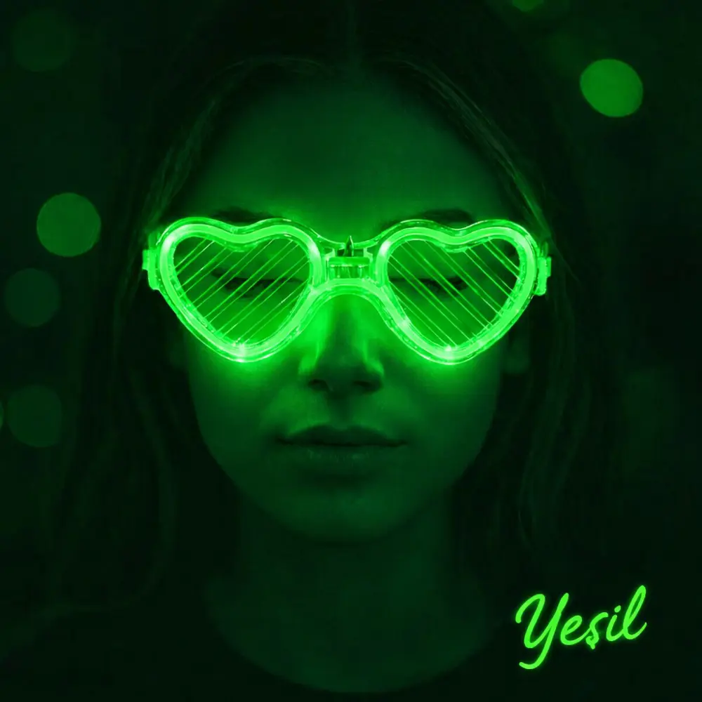 Yeşil LED Işıklı Kalp Gözlük – 3 Modlu Parti &amp;