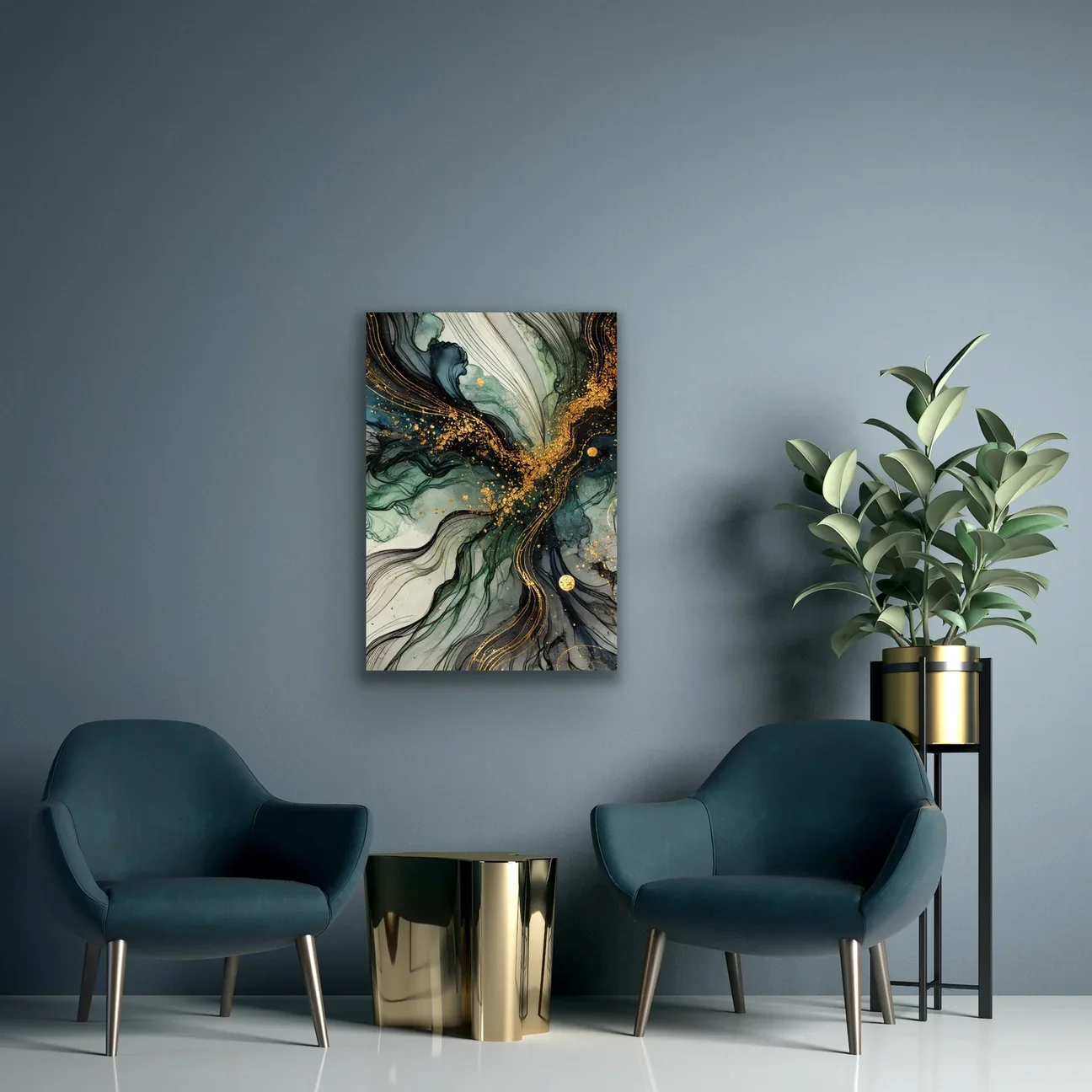 Yeşil Mavi Gold Soyut Kanvas Tablo 70x100cm - Şık Duvar Dekorasyonu