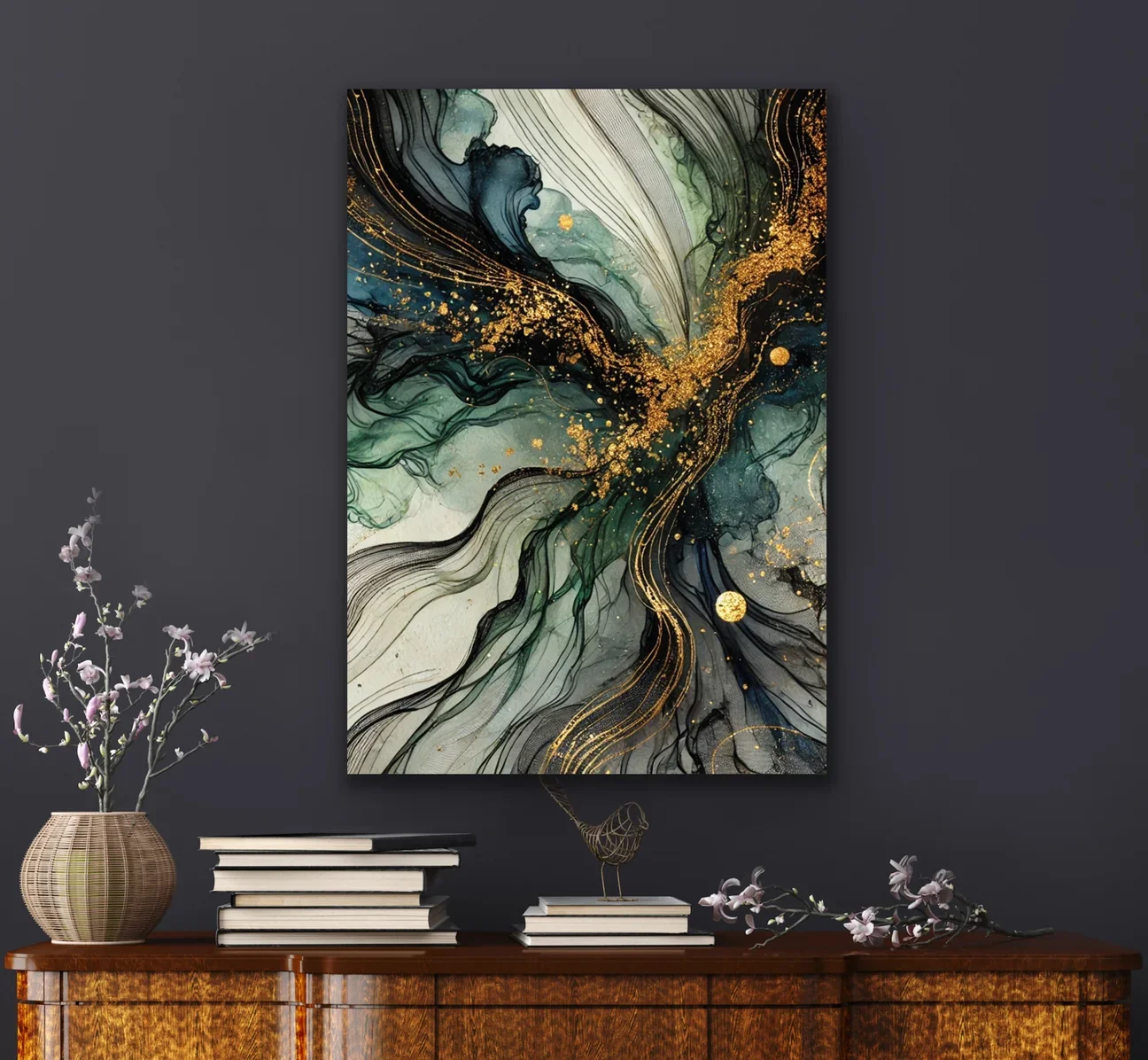 Yeşil Mavi Gold Soyut Kanvas Tablo 70x100cm - Şık Duvar Dekorasyonu