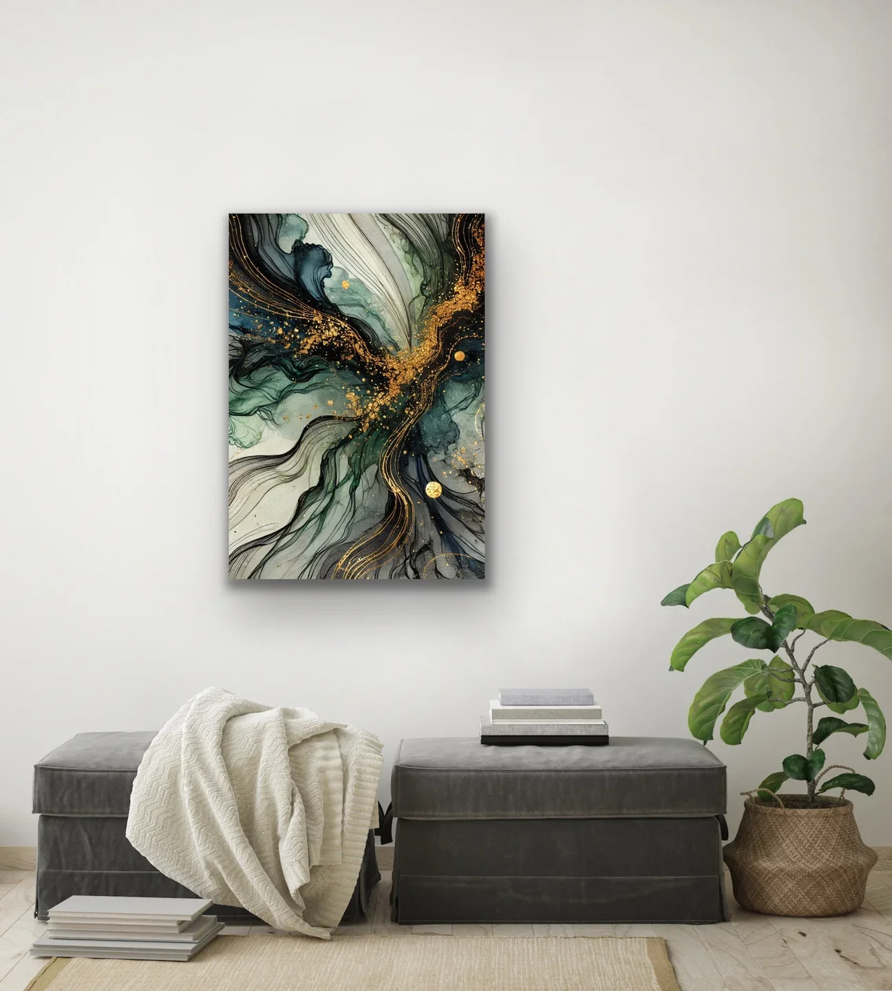 Yeşil Mavi Gold Soyut Kanvas Tablo 70x100cm - Şık Duvar Dekorasyonu