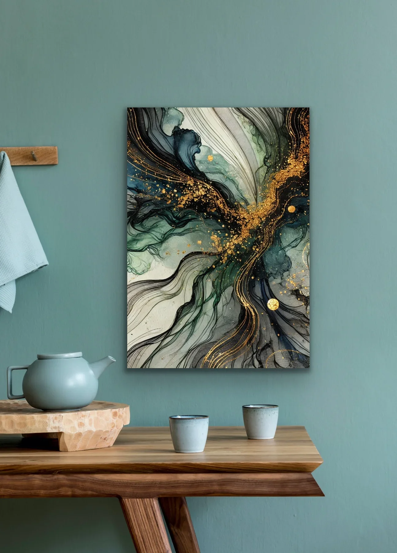 Yeşil Mavi Gold Soyut Kanvas Tablo 70x100cm - Şık Duvar Dekorasyonu