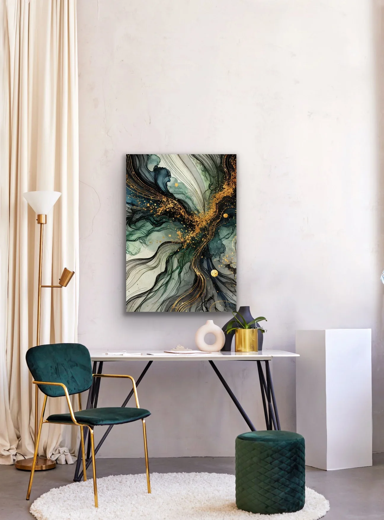 Yeşil Mavi Gold Soyut Kanvas Tablo 70x100cm - Şık Duvar Dekorasyonu