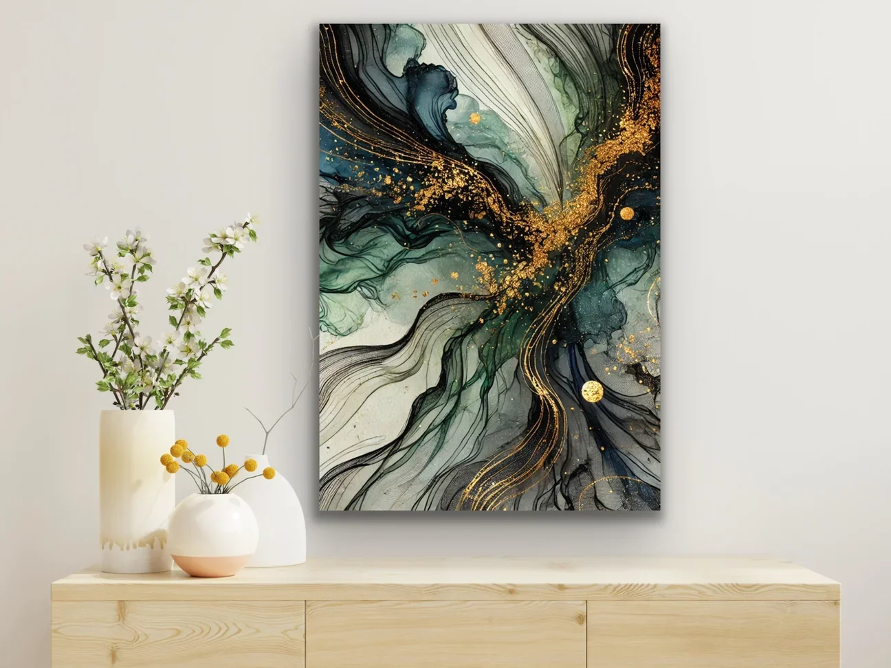 Yeşil Mavi Gold Soyut Kanvas Tablo 70x100cm - Şık Duvar Dekorasyonu