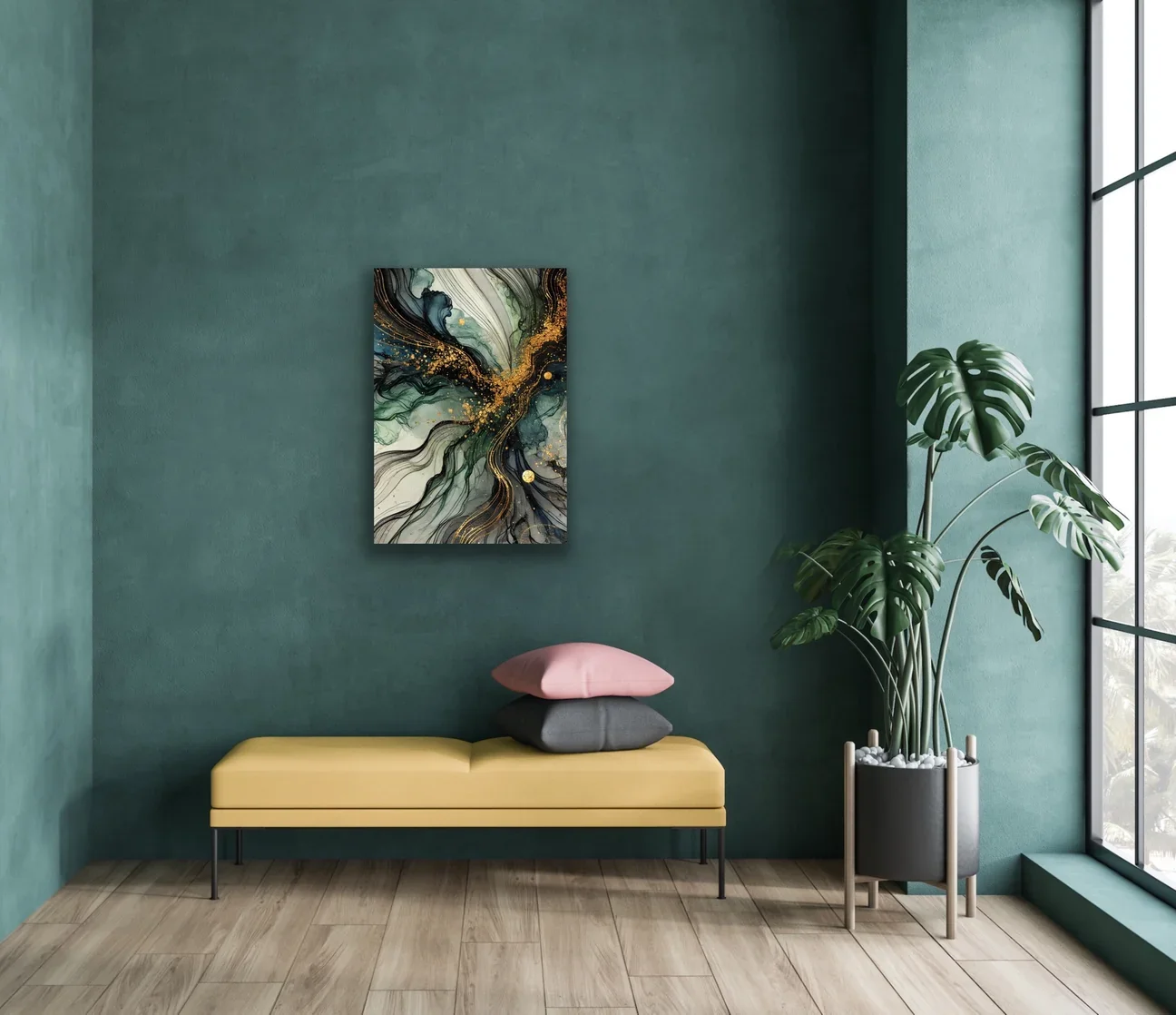 Yeşil Mavi Gold Soyut Kanvas Tablo 70x100cm - Şık Duvar Dekorasyonu