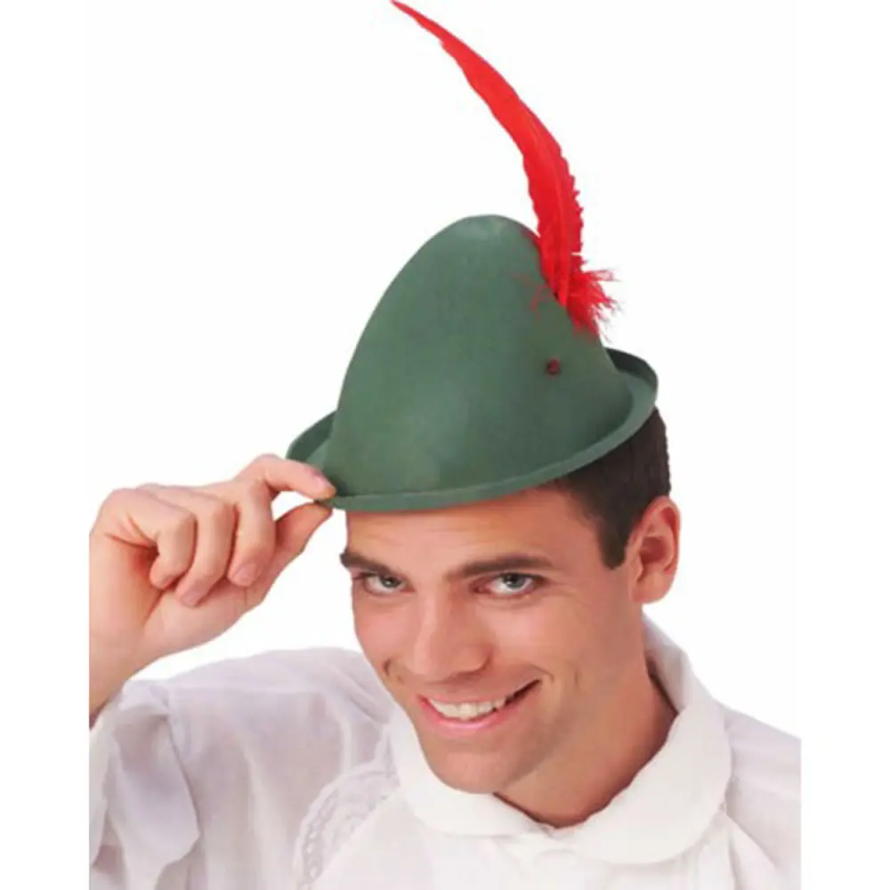 Yeşil Renk Kırmızı Tüylü Peter Pan Şapkası Robin Hood Şapkası 24X
