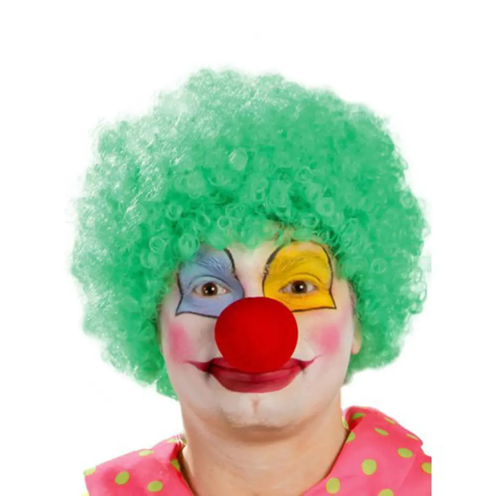 Yeşil Renk Kıvırcık Afro Bonus Peruk Takma Saç ve Kırmızı Burun S