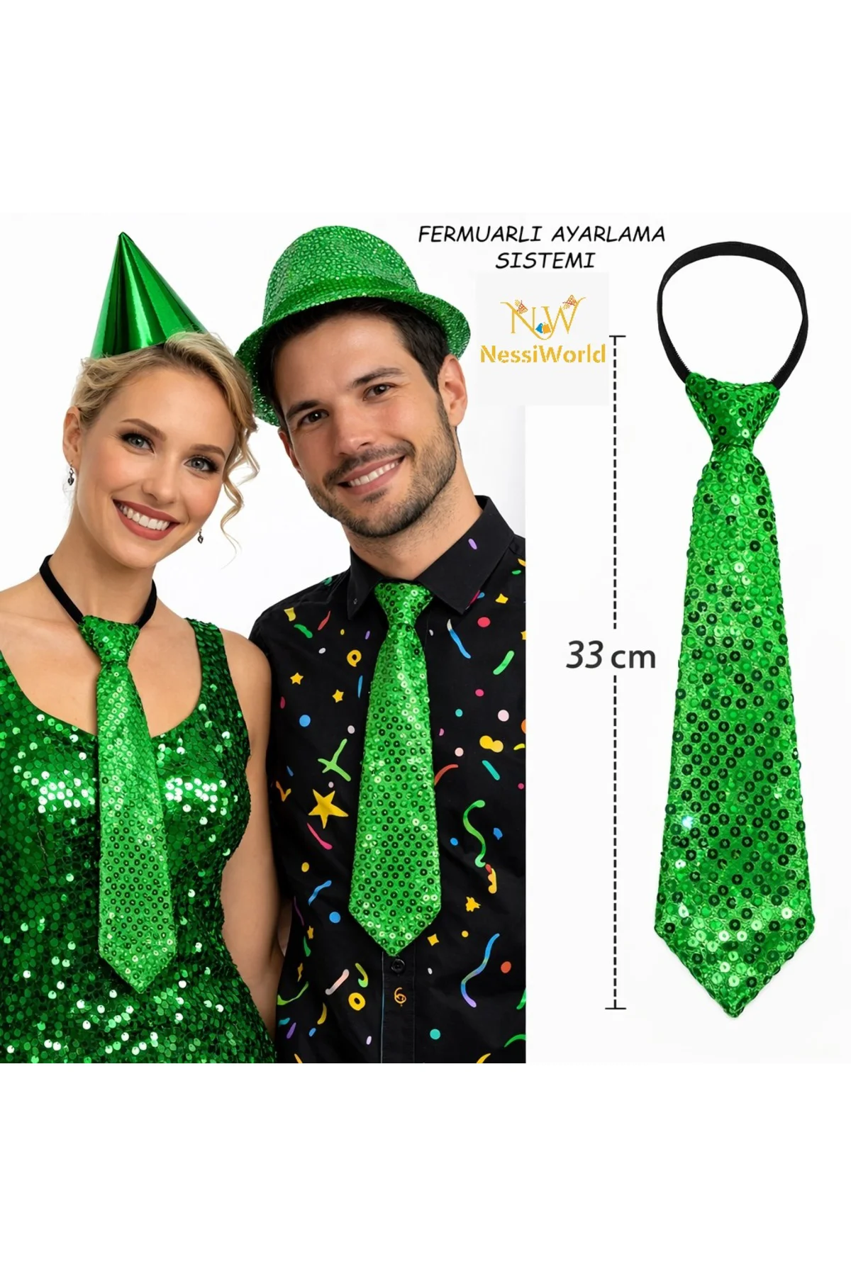 Yeşil Renk Pul Payetli Işıltılı Parti Kravatı 33 cm