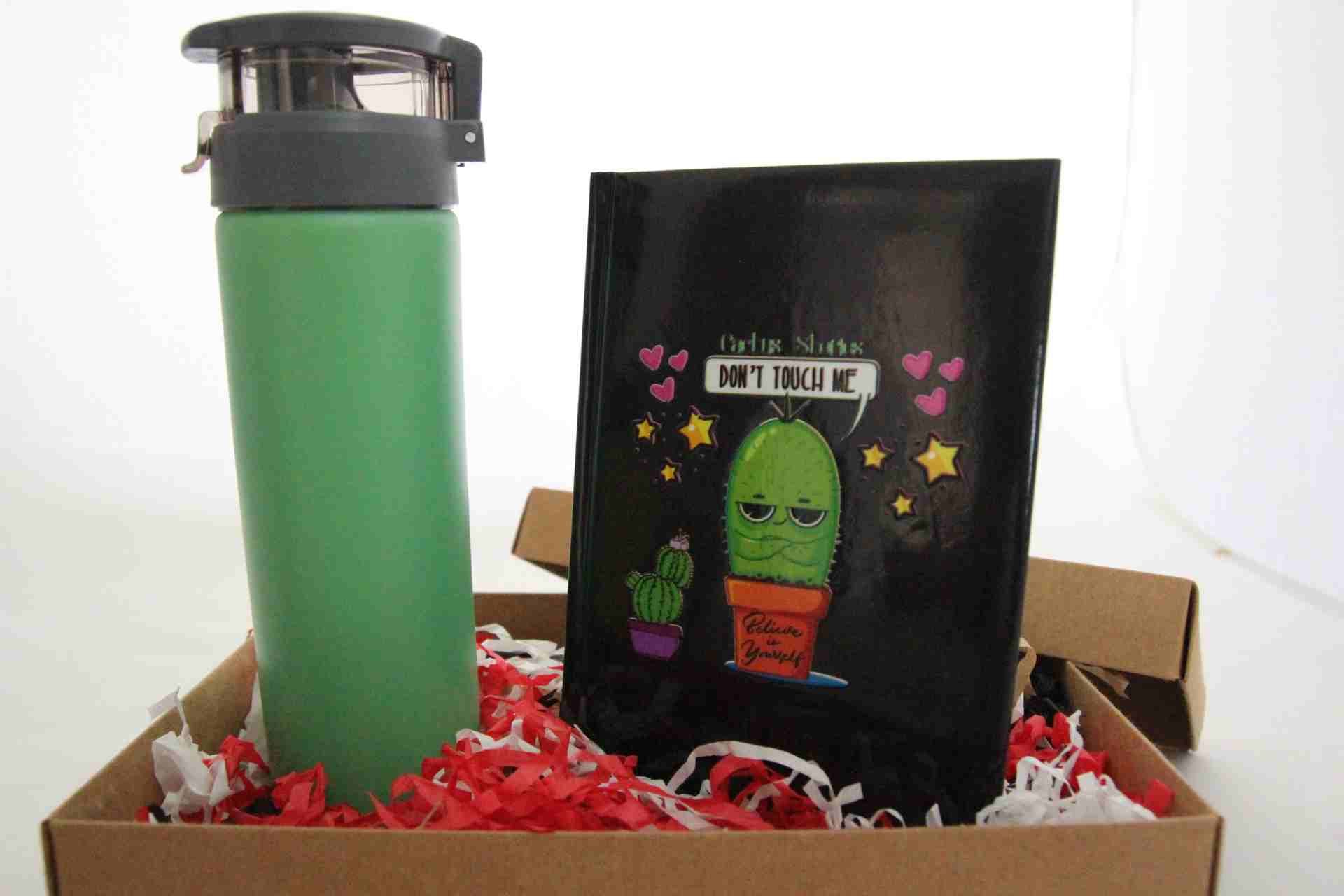 Yeşil Renk Termos Ve Kaktüs Tema Defter Hediye Kutusu