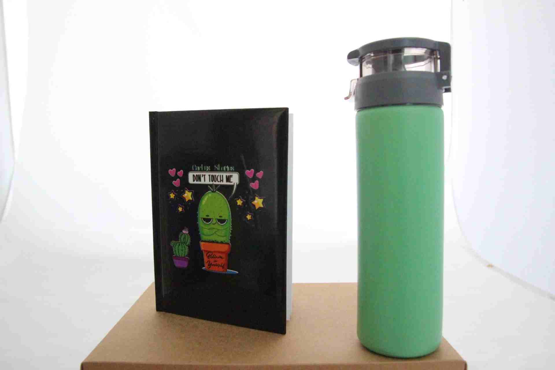 Yeşil Renk Termos Ve Kaktüs Tema Defter Hediye Kutusu