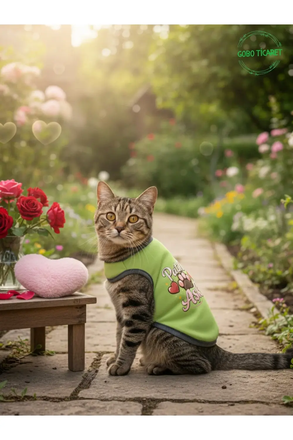 Yeşil Renkli Patili Aşk Baskılı Kedi ve Köpek Kıyafeti Tişörtü El