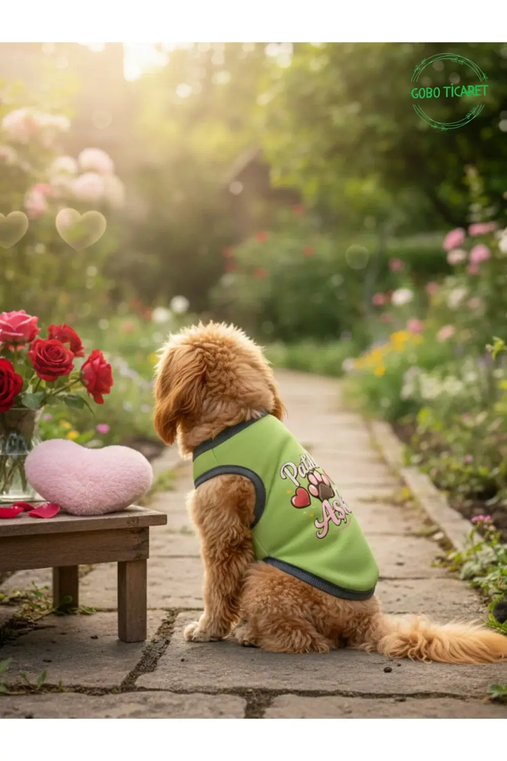 Yeşil Renkli Patili Aşk Baskılı Kedi ve Köpek Kıyafeti Tişörtü El