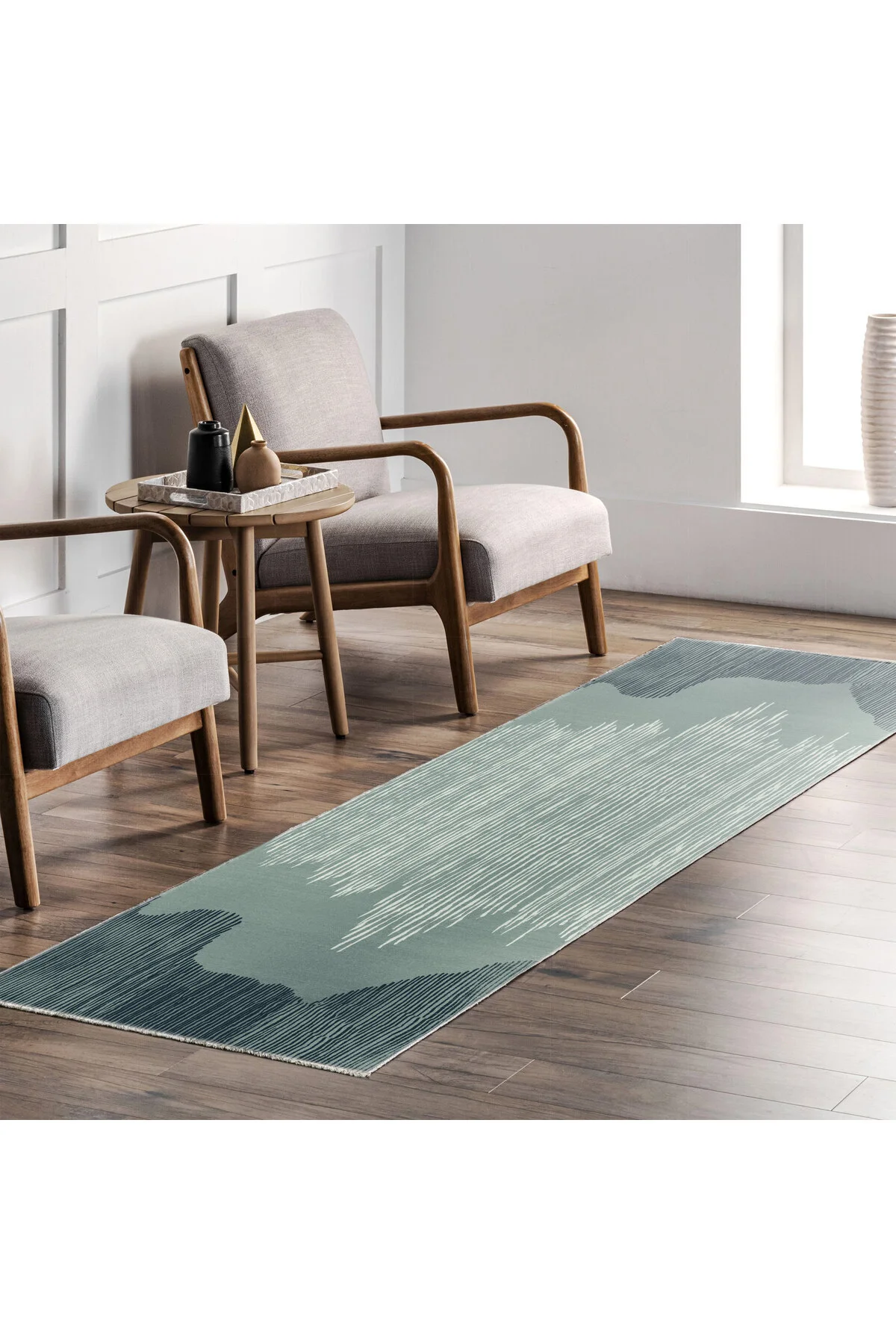 Yeşil saçaklı şönil pamuk dekoratif halı kilim