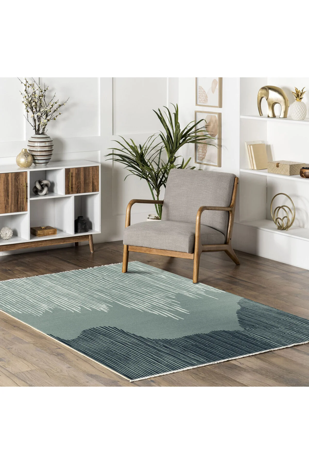Yeşil saçaklı şönil pamuk dekoratif halı kilim
