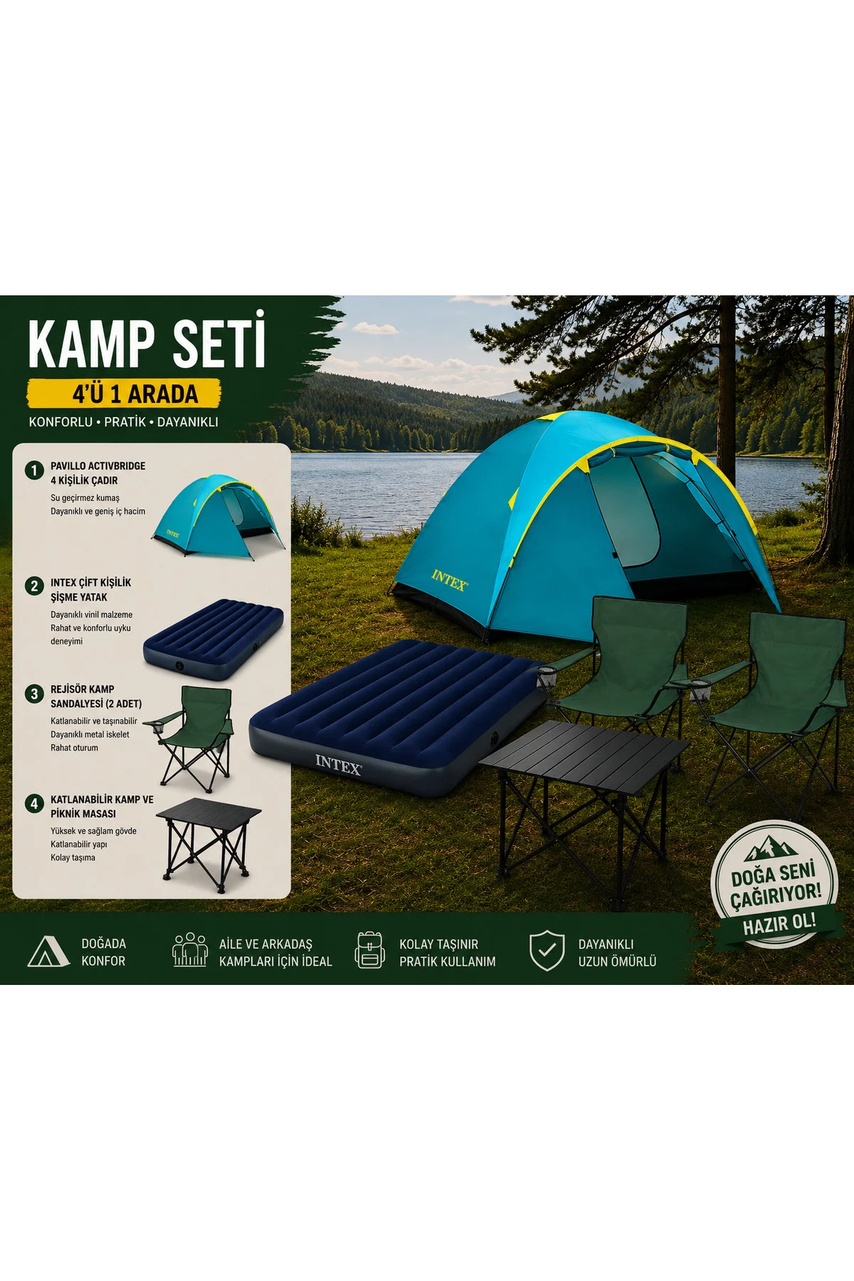 Yeşil Sandalyeli Kamp Seti – 4 Kişilik Çadır, Intex Yatak ve Masa