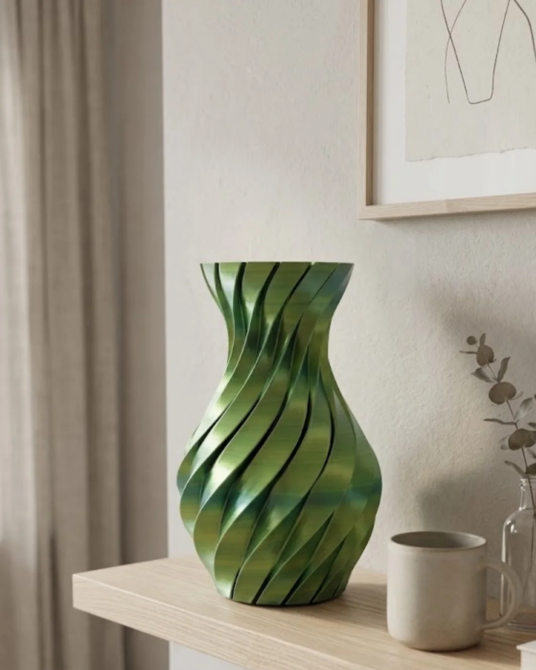 Yeşil Spiral 3D Baskı Vazo Estetik Modern Ev Ofis Dekoru