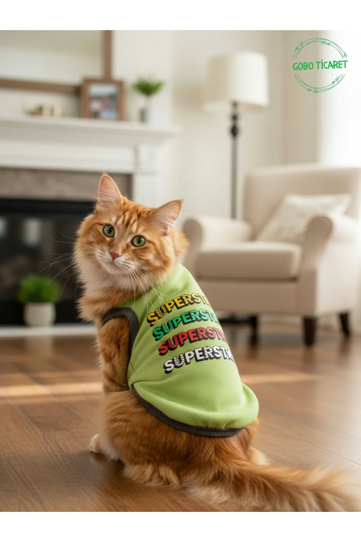 Yeşil SUPERSTAR Yazılı Kedi ve Köpek Kıyafeti Tişörtü Elbisesi XS