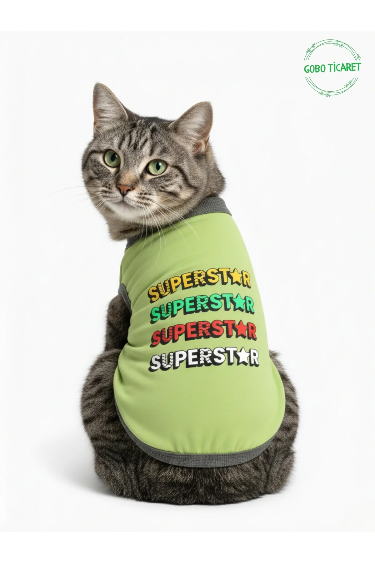 Yeşil SUPERSTAR Yazılı Kedi ve Köpek Kıyafeti Tişörtü Elbisesi La