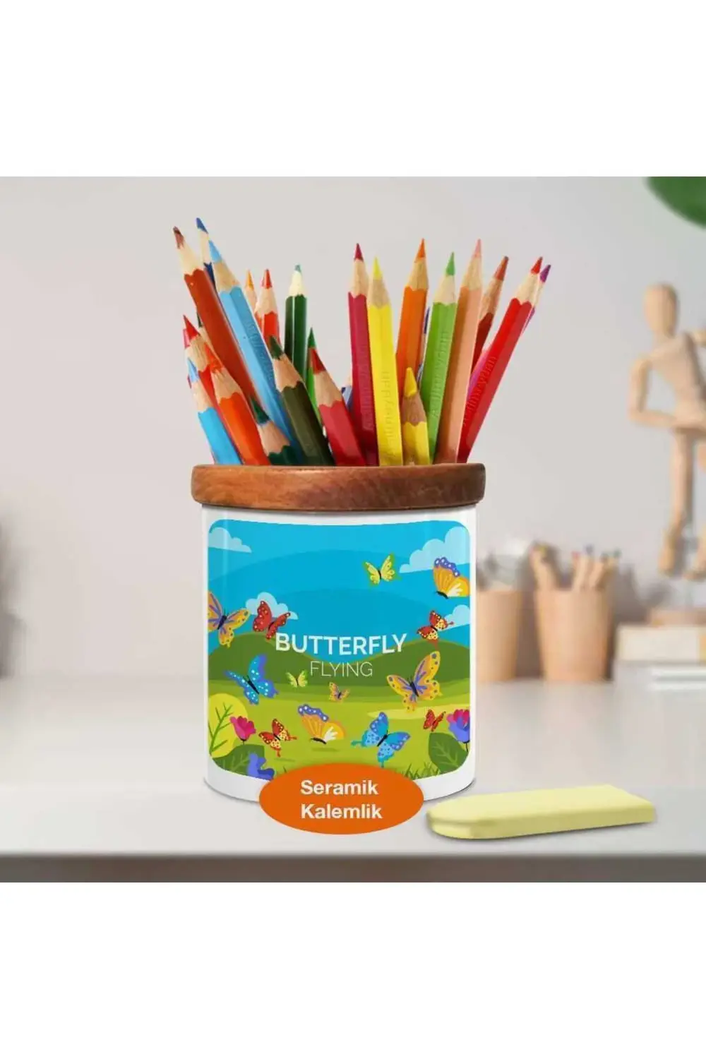 Yeşil Vadide Uçuşan Kelebekler Ahşap Seramik Kalemlik-2148096967