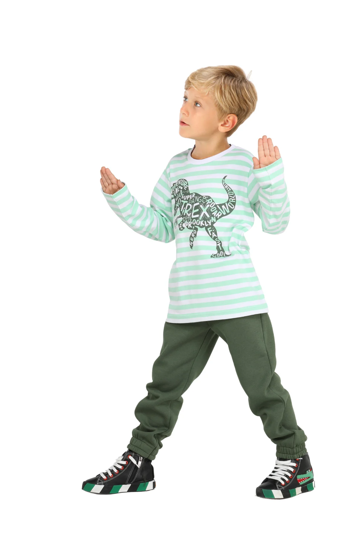 Yeşil Yazılı Dino Jogger +T-shirt Takım