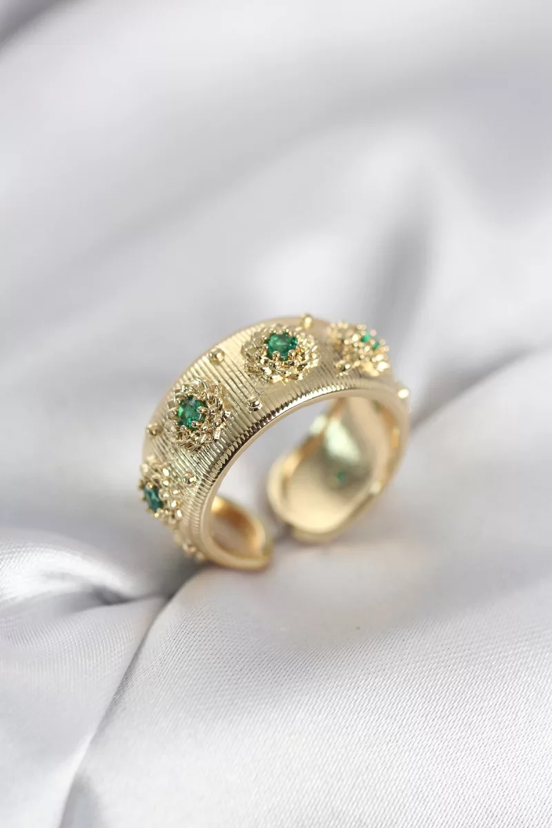 Yeşil Zirkon Taşlı Gold Renk Vintage Kadın Yüzük - Lisinya