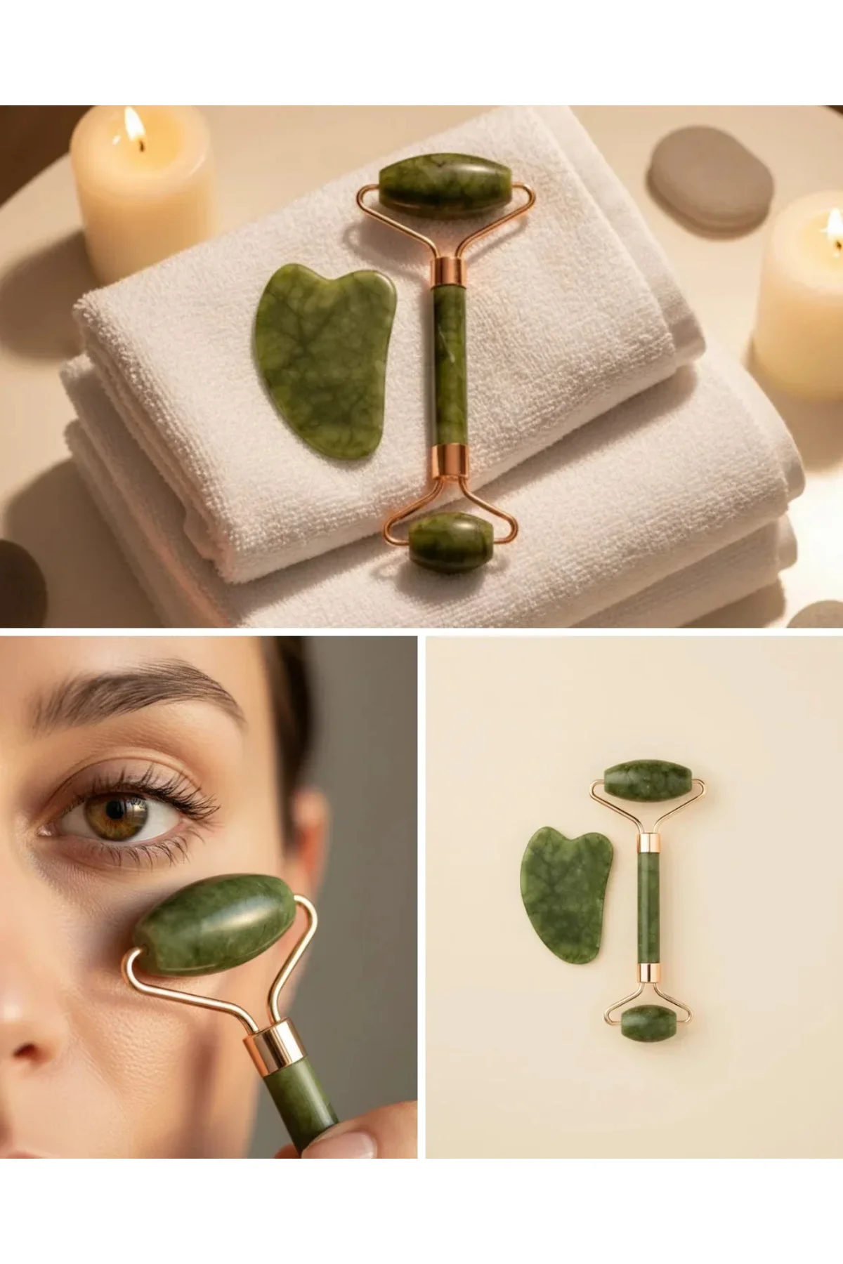 Yeşim Taşı Yüz Bakım Seti Çift Başlıklı Roller ve Gua Sha Yeşim Taşı Yüz Bakım Seti Çift Başlıklı Roller ve Gua Sha