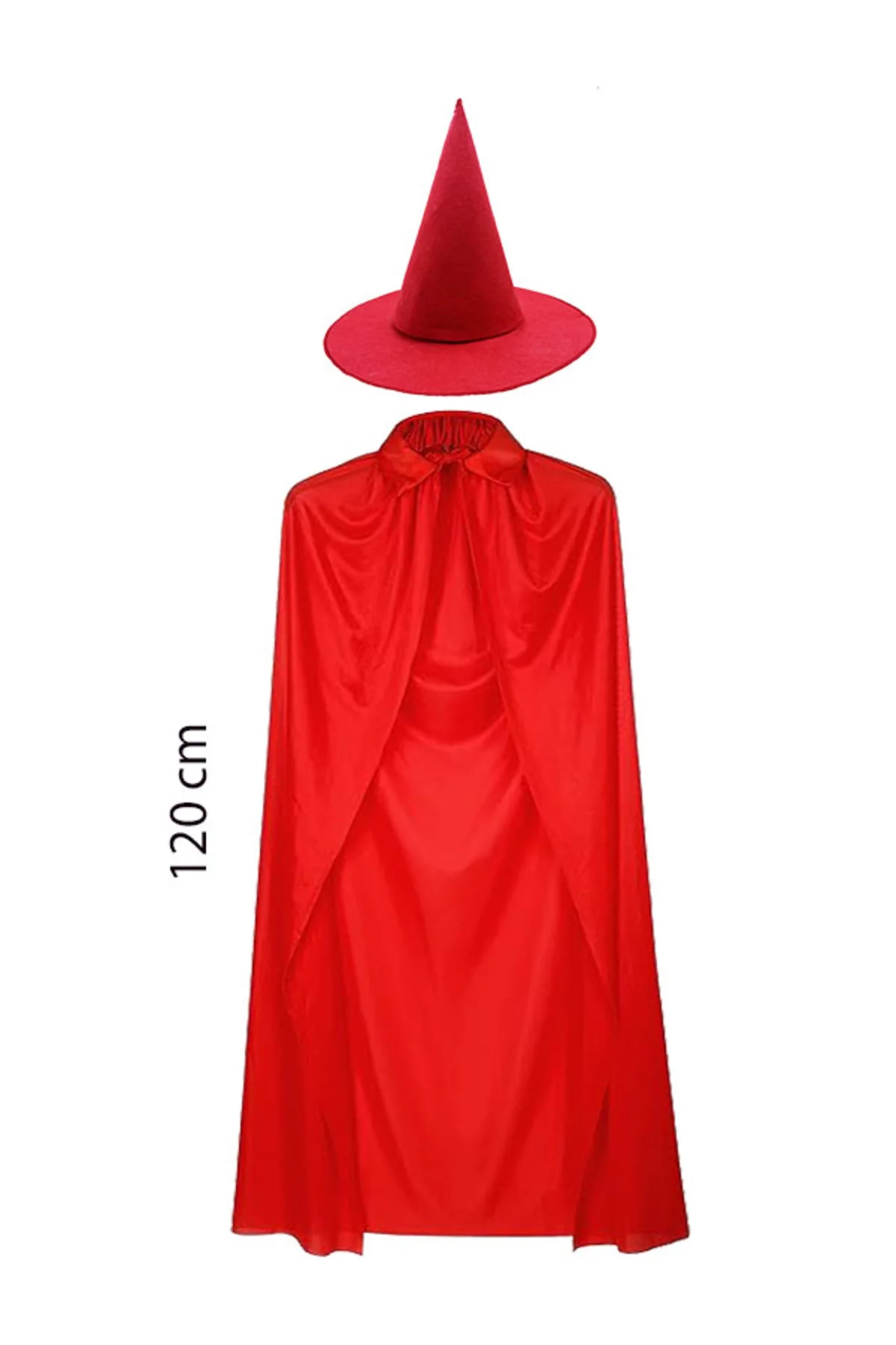 Yetişkin Boy 120 cm Kırmızı Yakalı Pelerin ve Kırmızı Cadı Şapkas