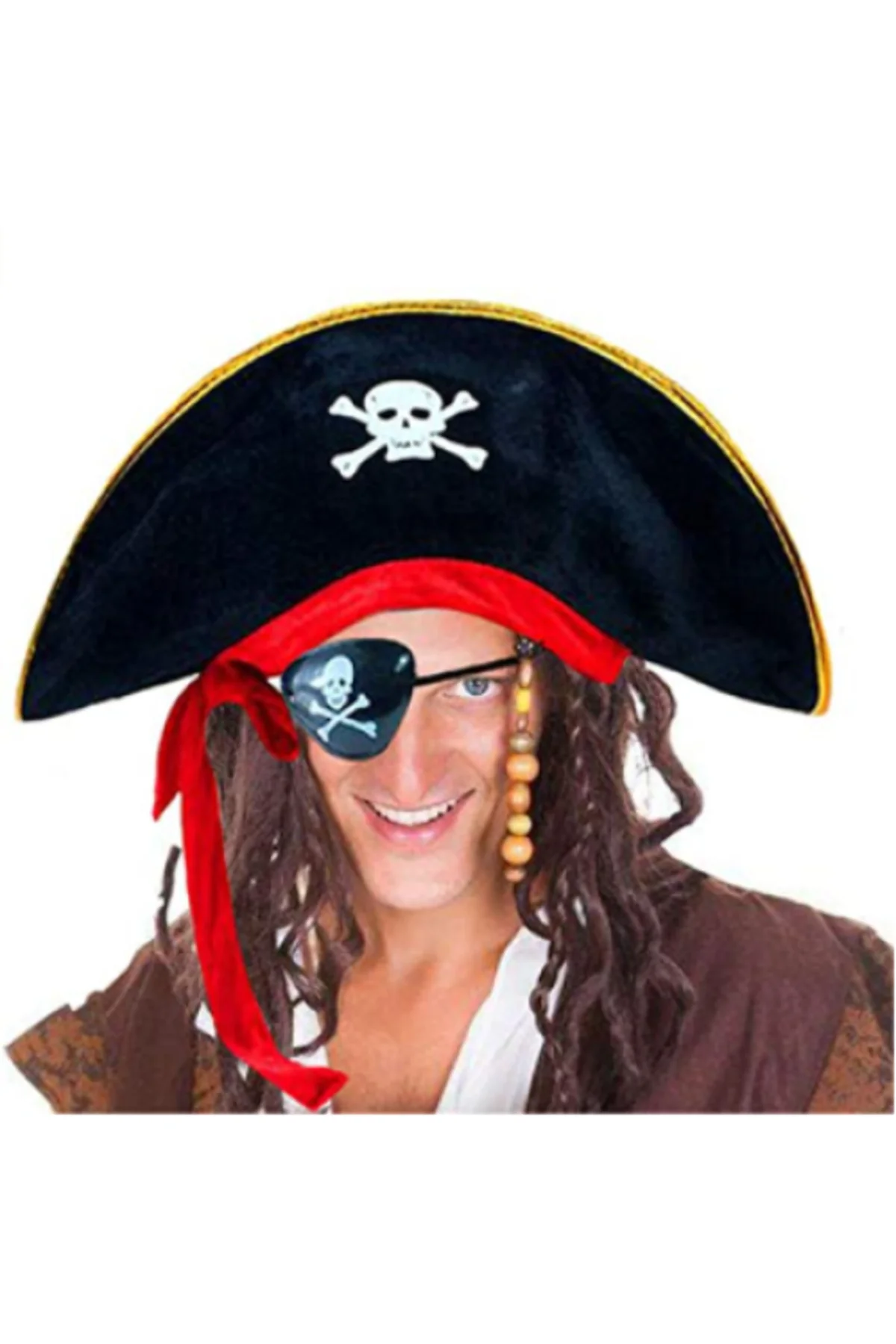 Yetişkin Boy Kadife Kaptan Jackk Sparrow Korsan Şapkası ve Plastik Korsann Göz Maskesi (LJ)
