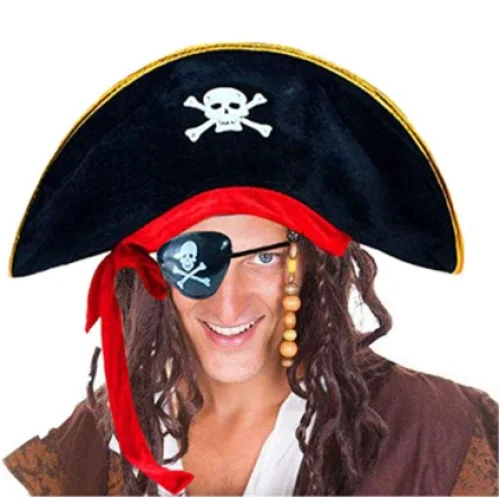 Yetişkin Boy Kadife Kaptan Jack Sparrow Korsan Şapkası ve Plastik Korsan Göz Maskesi Yetişkin Boy Kadife Kaptan Jack Sparrow Korsan Şapkası ve Plastik Korsan Göz Maskesi