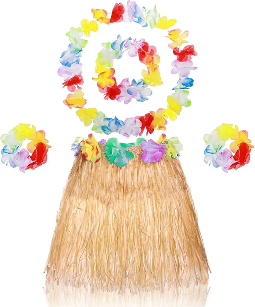 Yetişkin Çocuk Hawaii Parti Seti - 40 cm Naturel Etek + Çiçek Aks