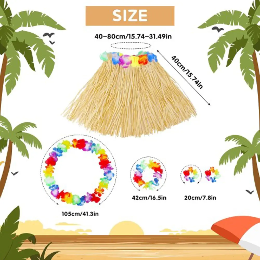 Yetişkin Çocuk Hawaii Parti Seti - 40 cm Naturel Etek + Çiçek Aks