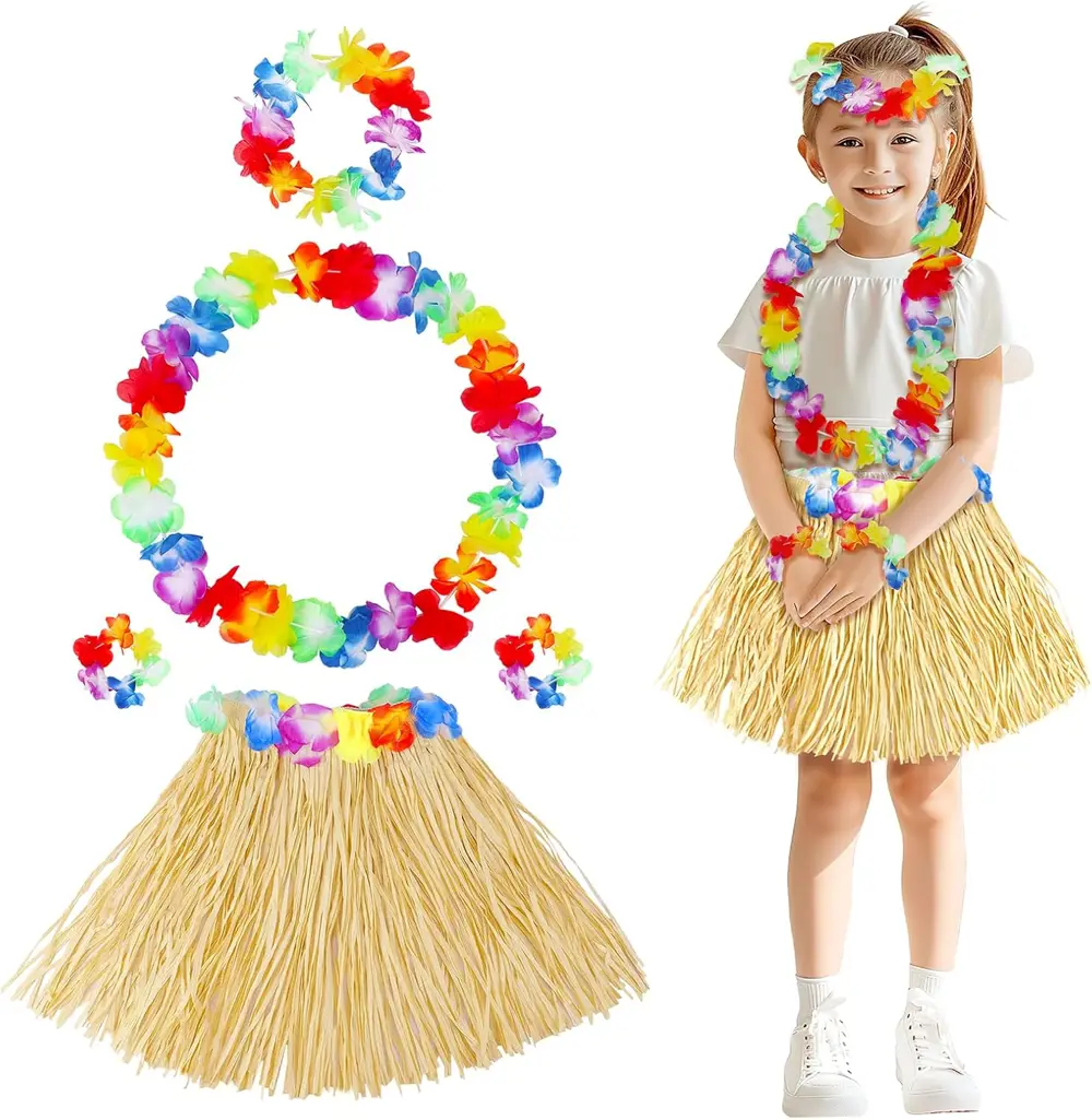 Yetişkin Çocuk Hawaii Parti Seti - 40 cm Naturel Etek + Çiçek Aks