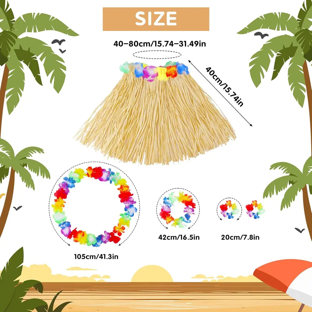 Yetişkin Çocuk Hawaii Parti Seti - 40 cm Naturel Etek + Çiçek Aks