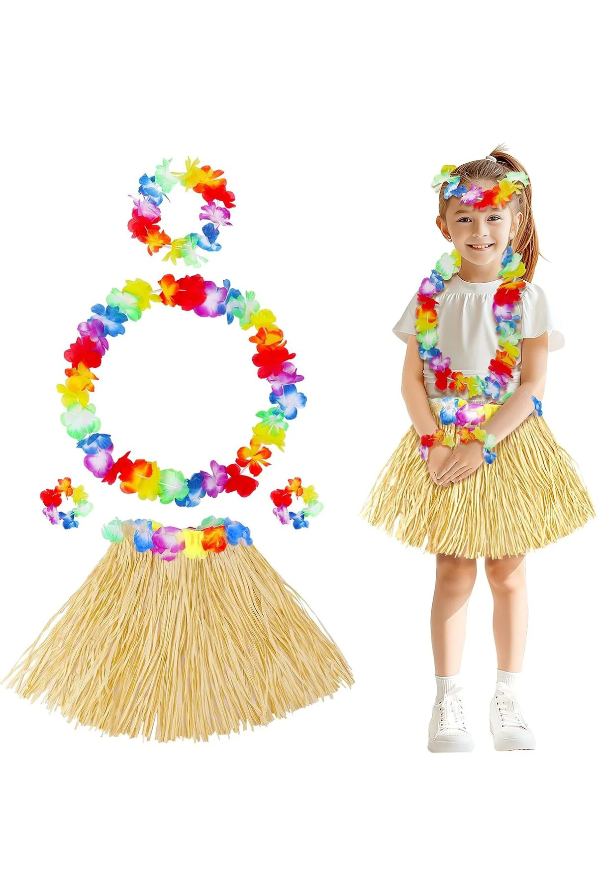 Yetişkin Çuk Hawaii Parti Seti - 40 cm Naturel Etek + Çiçek Akses