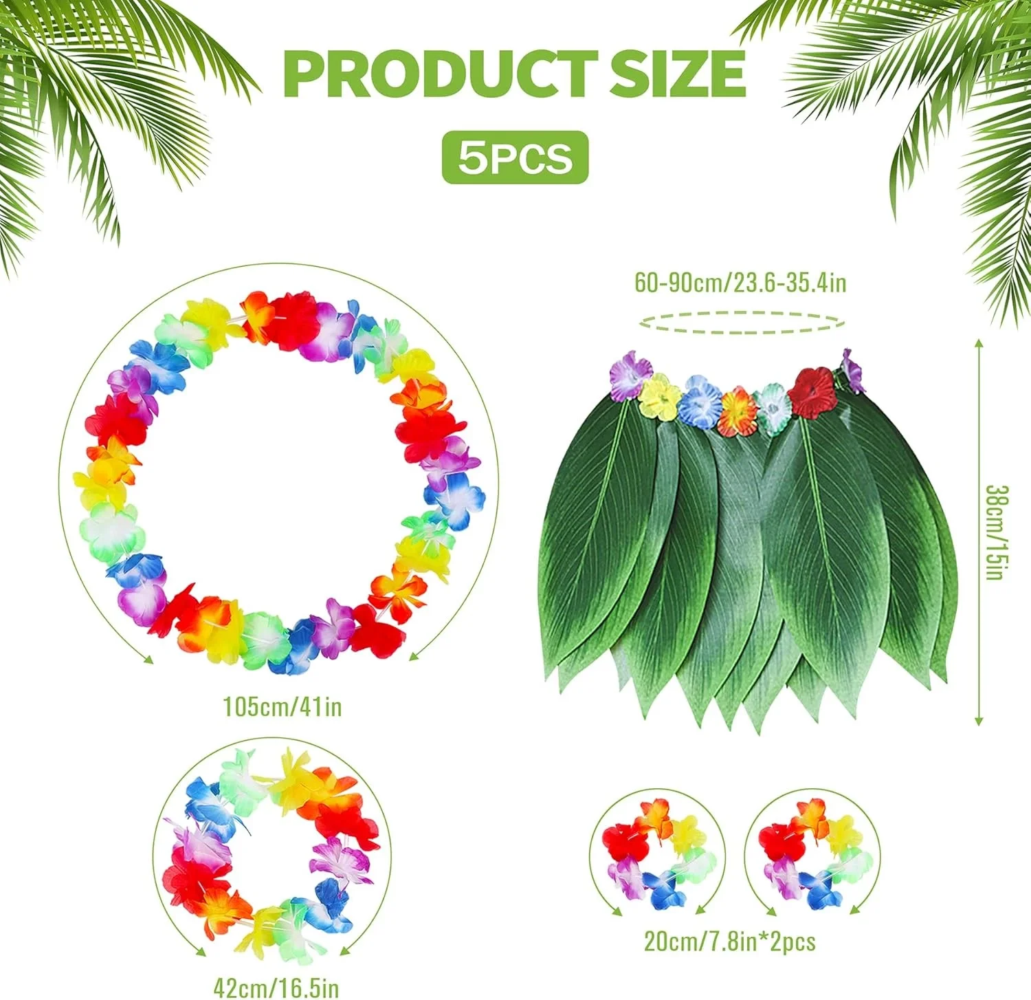 Yetişkin Hawaii Kostüm Seti - Yaprak Etek &amp; Hawaii Set - 5 Parça