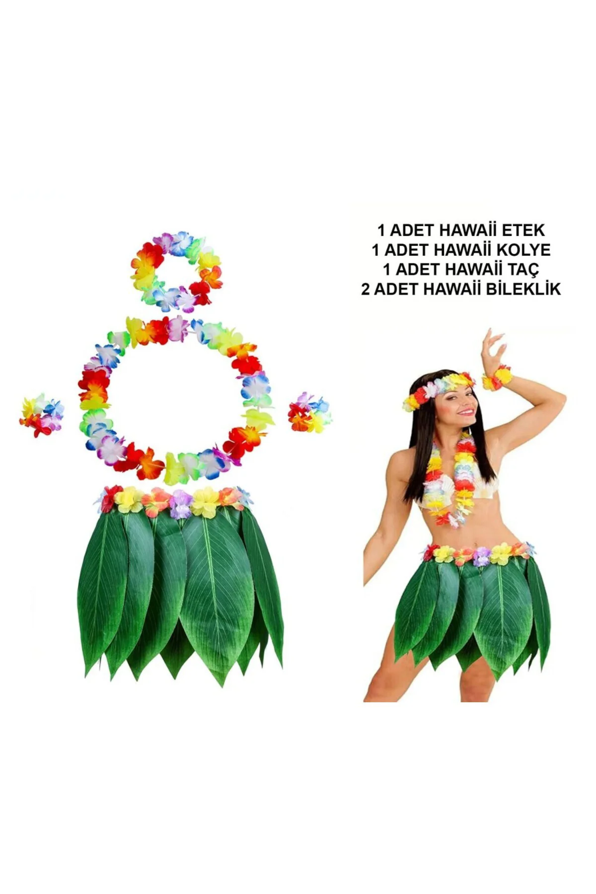 Yetişkin Hawaii Kostüm Seti - Yaprak Etek ve Aksesuar Seti- 5 Parça