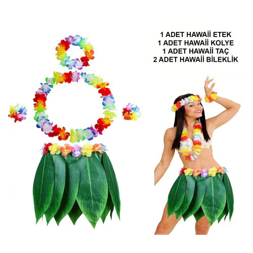 Yetişkin Hawaii Kostüm Seti - Yaprak Etek &amp; Hawaii Set - 5 Pa