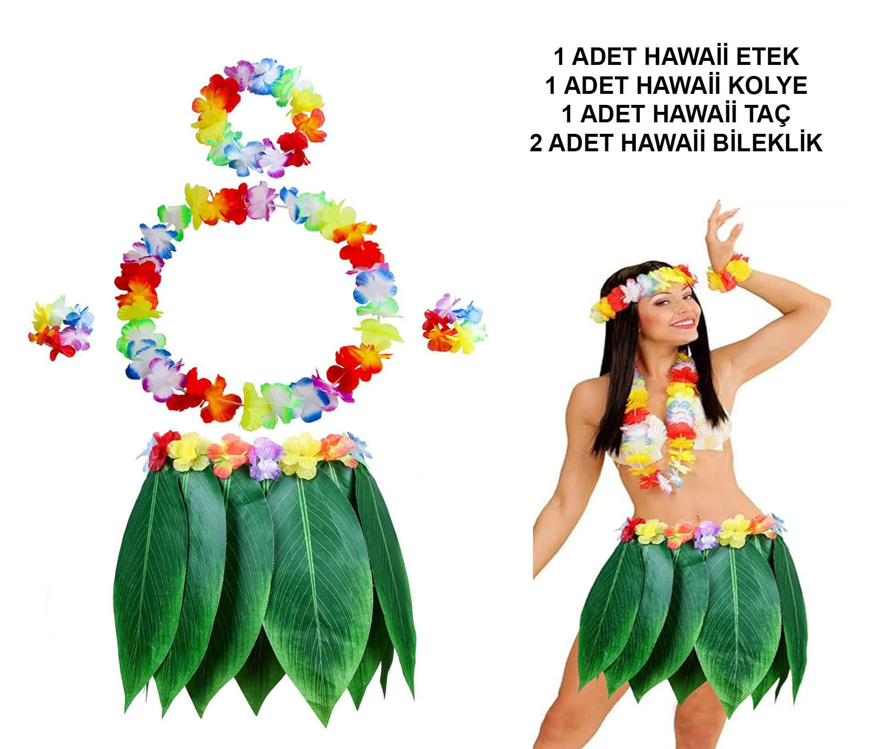 Yetişkin Hawaii Kostüm Seti - Yaprak Etek &amp; Hawaii Set - 5 Pa