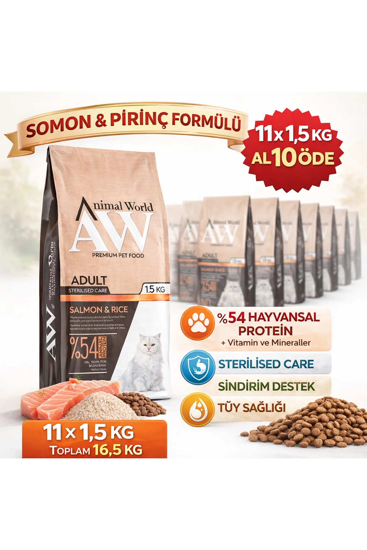 Yetişkin Kedi Maması Somonlu Pirinçli 1,5 Kg x11 (16,5 Kg) Steril Yetişkin Kedi Maması Somonlu Pirinçli 1,5 Kg x11 (16,5 Kg) Steril