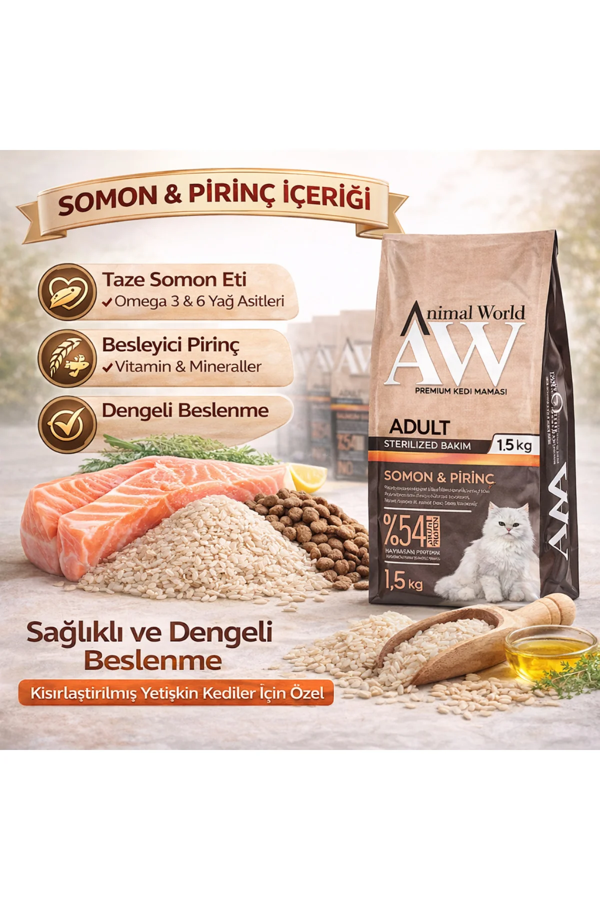 Yetişkin Kedi Maması Somonlu Pirinçli 1,5 Kg x11 (16,5 Kg) Steril Yetişkin Kedi Maması Somonlu Pirinçli 1,5 Kg x11 (16,5 Kg) Steril