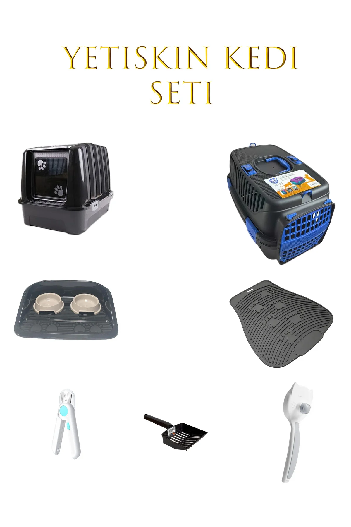 Yetişkin Kedi Seti Kapalı Kedi Tuvaleti + Taşıma Çantası + Mama Kabı + Kürek | Tam Set Kedi Bakım Paketi