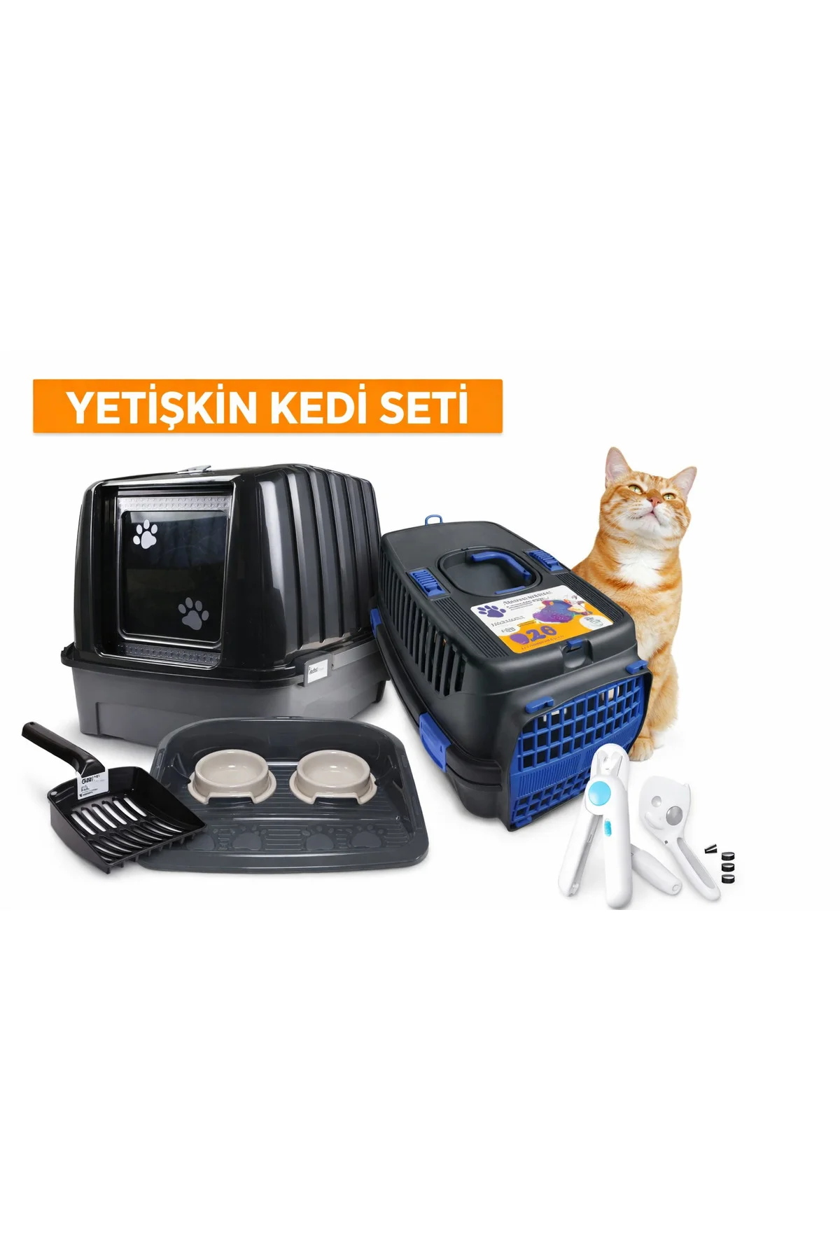 Yetişkin Kedi Seti Kapalı Kedi Tuvaleti + Taşıma Çantası + Mama Kabı + Kürek | Tam Set Kedi Bakım Paketi