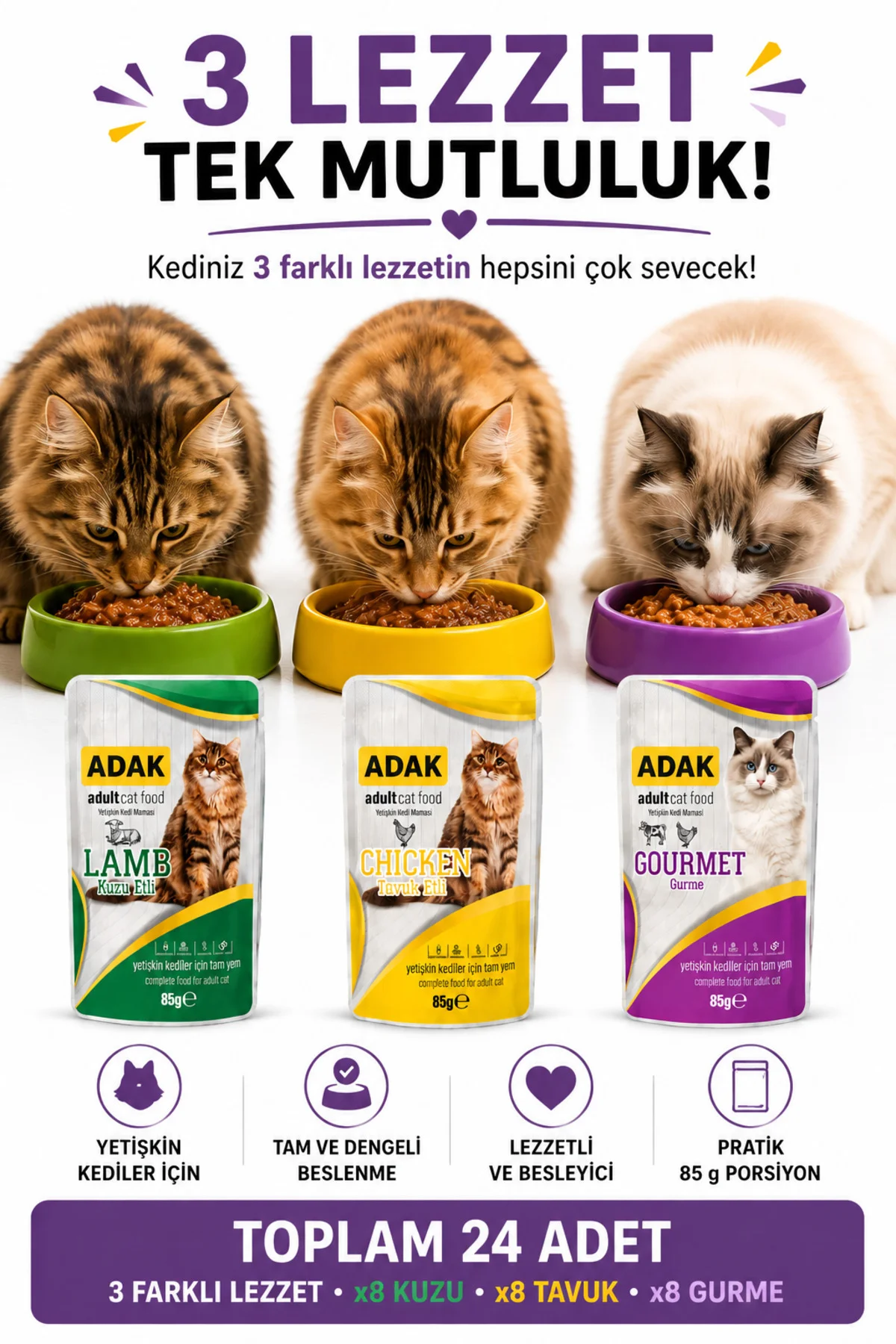 Yetişkin Kedi Yaş Maması Pouch 24x85 g Karma Lezzet Paketi (8 Kuzu + 8 Tavuk + 8 Gurme) 24 Al 20 Öde