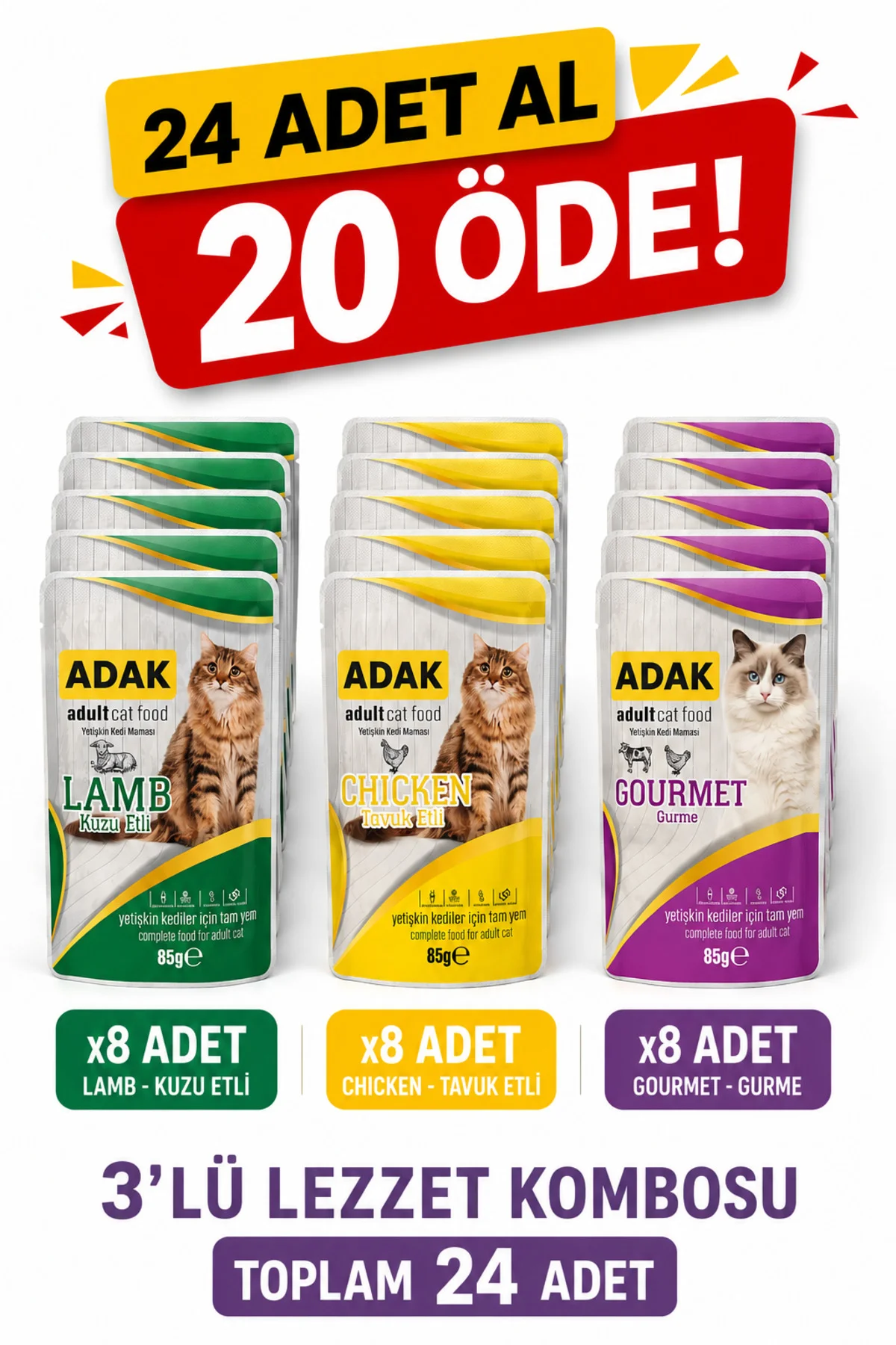 Yetişkin Kedi Yaş Maması Pouch 24x85 g Karma Lezzet Paketi (8 Kuzu + 8 Tavuk + 8 Gurme) 24 Al 20 Öde