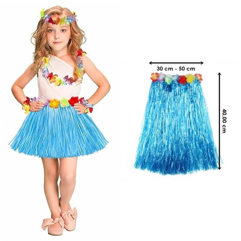 Yetişkin ve Çocuk Uyumlu Mavi Renk Püsküllü Hawaii Luau Hula Etek