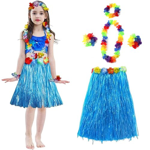 Yetişkin ve Çocuk Uyumlu Hawaii Luau Aloha Mavi Püsküllü Etek Kol