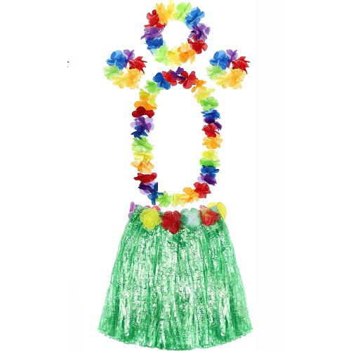 Yetişkin ve Çocuk Uyumlu Luau Aloha Hawaii Yeşil Etek ve Renkli K