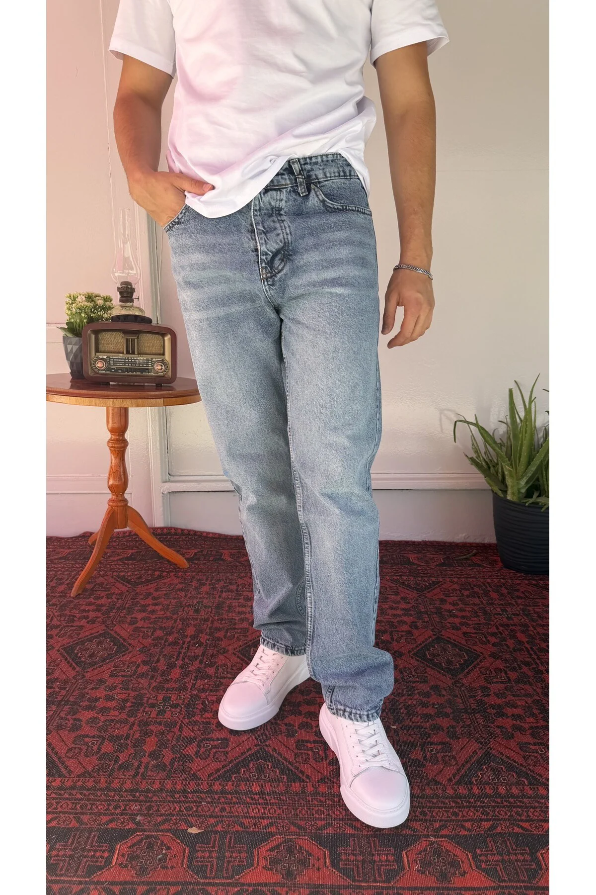Yıkamalı Düz Mavi Baggy Jean