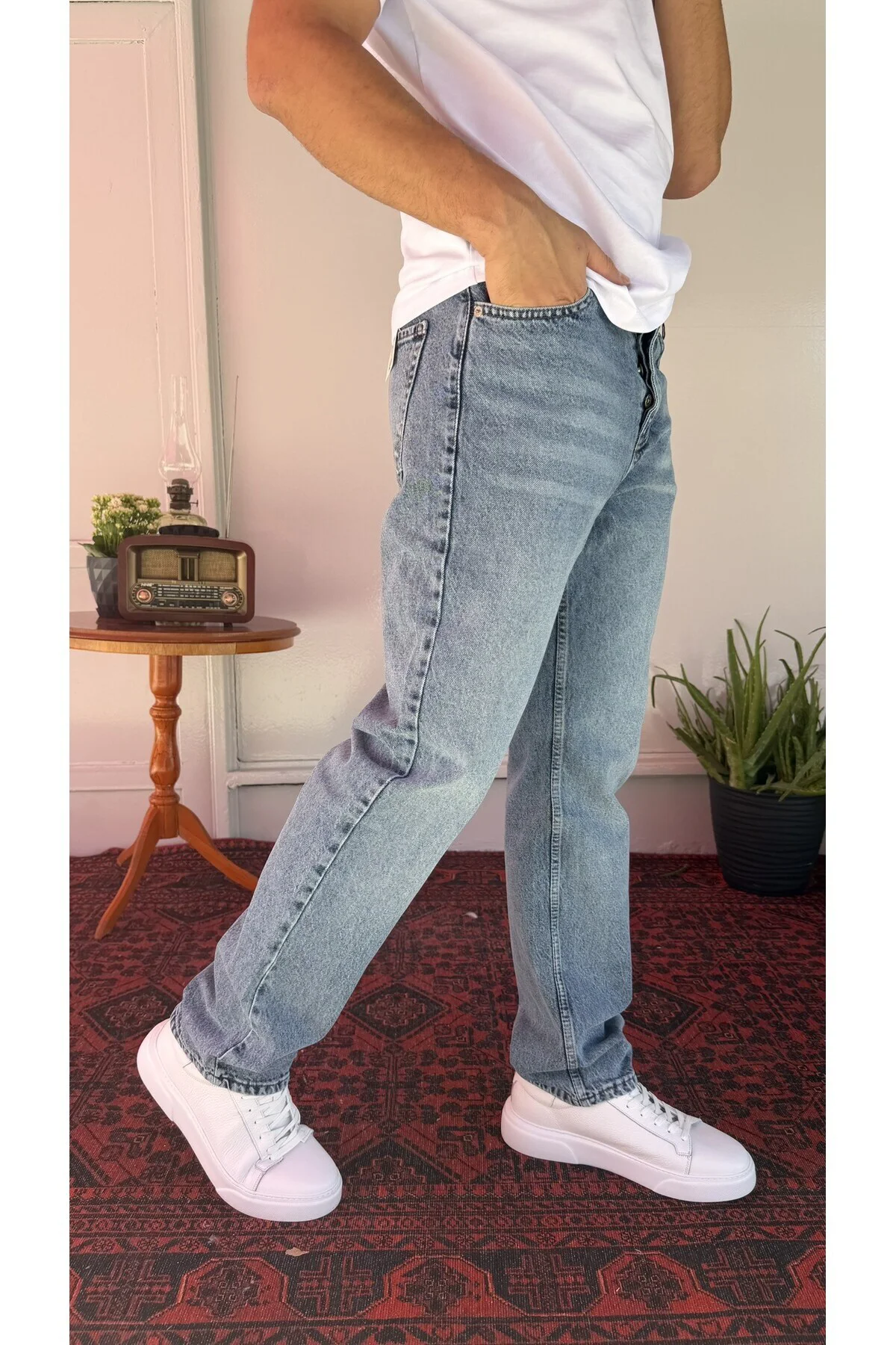 Yıkamalı Düz Mavi Baggy Jean
